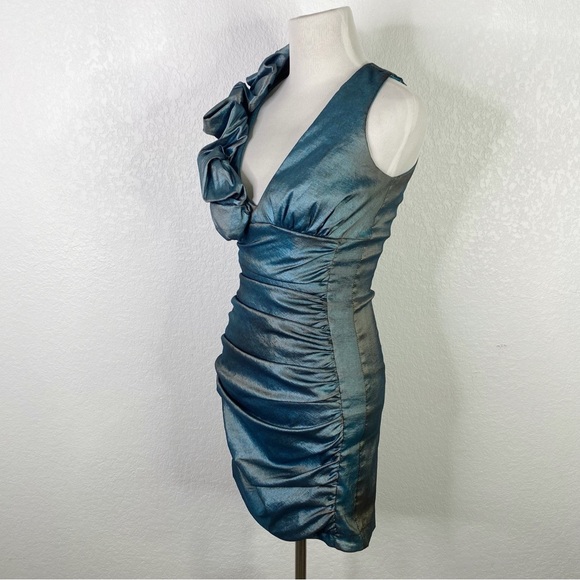 Vintage Cache Turquoise Blue Metallic Ruched Mini Dress - Picture 6 of 7